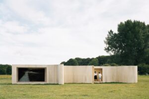 The temporary pavilion is clad with laminated poplar