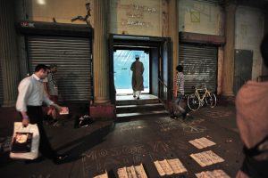 The site of the proposed cultural centre, with messages of support chalked on to the pavement
