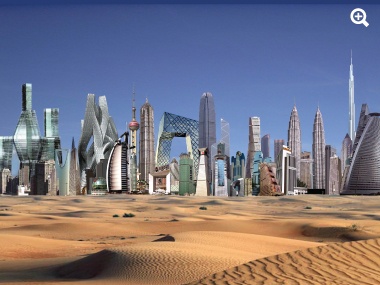 A collage of a chaos of skyscraper icons that cannot relate to each other or the space around them