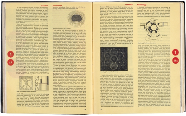 Typical spread from ‘Stocktaking (AR February 1960), with tradition and technology running in parallel columns