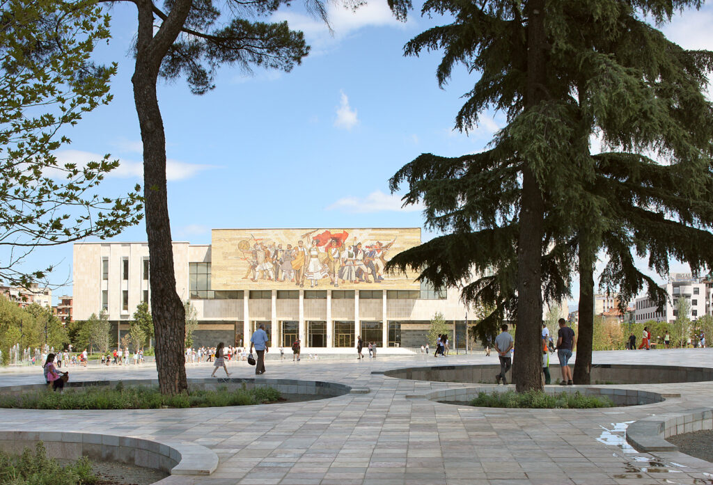 Square dance: Skanderbeg Square and TID Tower in Tirana, Albania, by