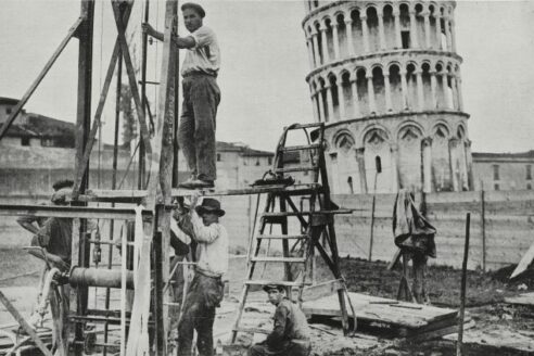 Restoration work on the Leaning Tower of Pisa in 1928