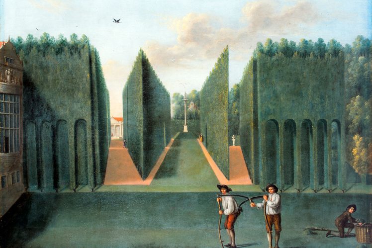 Painting of architectural topiary at Hartwell House