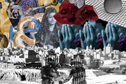 Digital collage featuring flowers, hands, a portrait and other collaged imagery