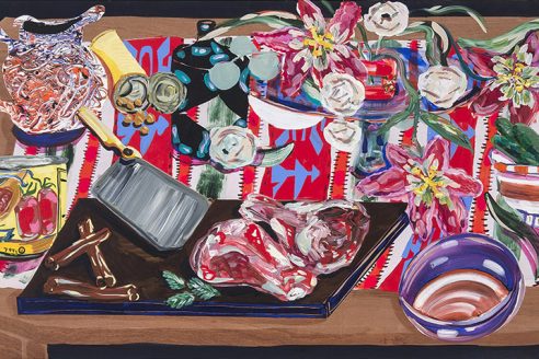Painting of colourful food and flowers on a kitchen table