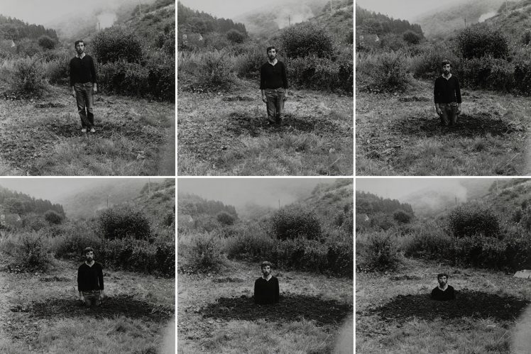 Keith Arnatt digs himself into a hole, progressively disappearing into the earth