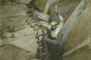 A watercolour shows a bearded man with a hat and candle descending a rope ladder between heavy stones