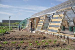 The training hall of the Lim'uphile Co-op by Collectif Saga is made from recycled tubular steel arches