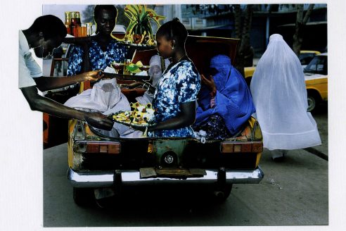 An image of three people pass food and drink amongst themselves, cut out and imposed over an image of three people in blue and white burkas sitting in the trunk of a car