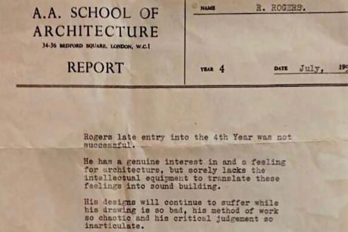 Richard Rogers’ 1958 fail sheet from the Architectural Association