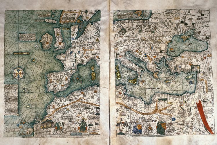 A 1375 atlas of the mediterannean region, drawn in colour on parchment