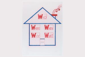 Louise Bourgeois' print "Who, Where, When, Why, What" from 1999, depicting the pictorial blue outline of a typical detached house with chimney. The words Who, Where, When, Why, What are written in red capital letters in the four quadrants of the house and in the apse of the roof. The chimney emits a delightful spiral of smoke, also in red ink