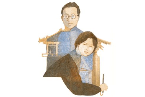 20th century architectural historians, Lin Huiyin and Liang Sicheng drawn in gold and sky-blue pencil. The structural forms of traditional Chinese architecture morph into the pair's shoulders. Lin Huiyin holds a pen.