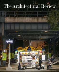 Cover of the AR’s July/August 2024 issue, Public. The image on the cover depicts a hot dog stand under the New York High Line at night