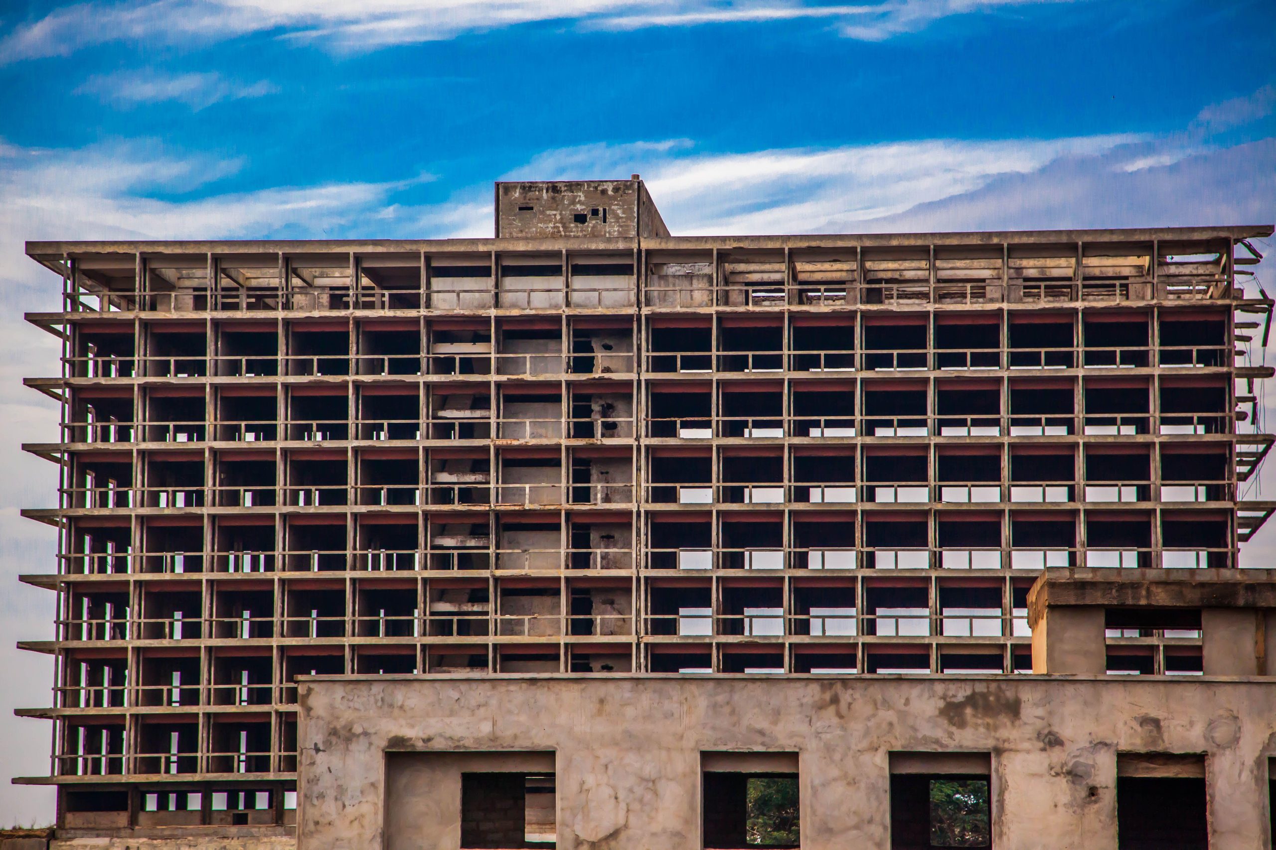 The concrete shell of the dilapidated Meridian Hotel in Tema New Town, Ghana