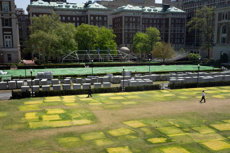 USA, NYC, May 1, 2024. Markings of what was once the Gaza Solidarity Encampment can be seen on Columbia University's West Lawn after the NYPD was called in the night before to remove protesters