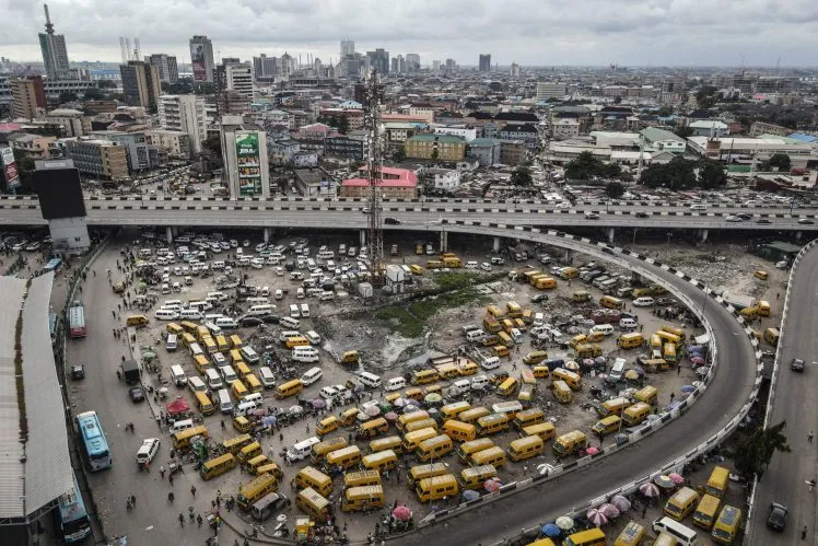 TOPSHOT - This aerial photograph shows the Obalende bus terminus in Lagos on September 24, 2024. (Photo by Olympia DE MAISMONT / AFP) (Photo by OLYMPIA DE MAISMONT/AFP via Getty Images)