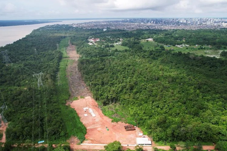 A drone view shows the construction of the Avenida Liberdade road ahead of the COP30 climate summit, in Belem, Para state, Brazil