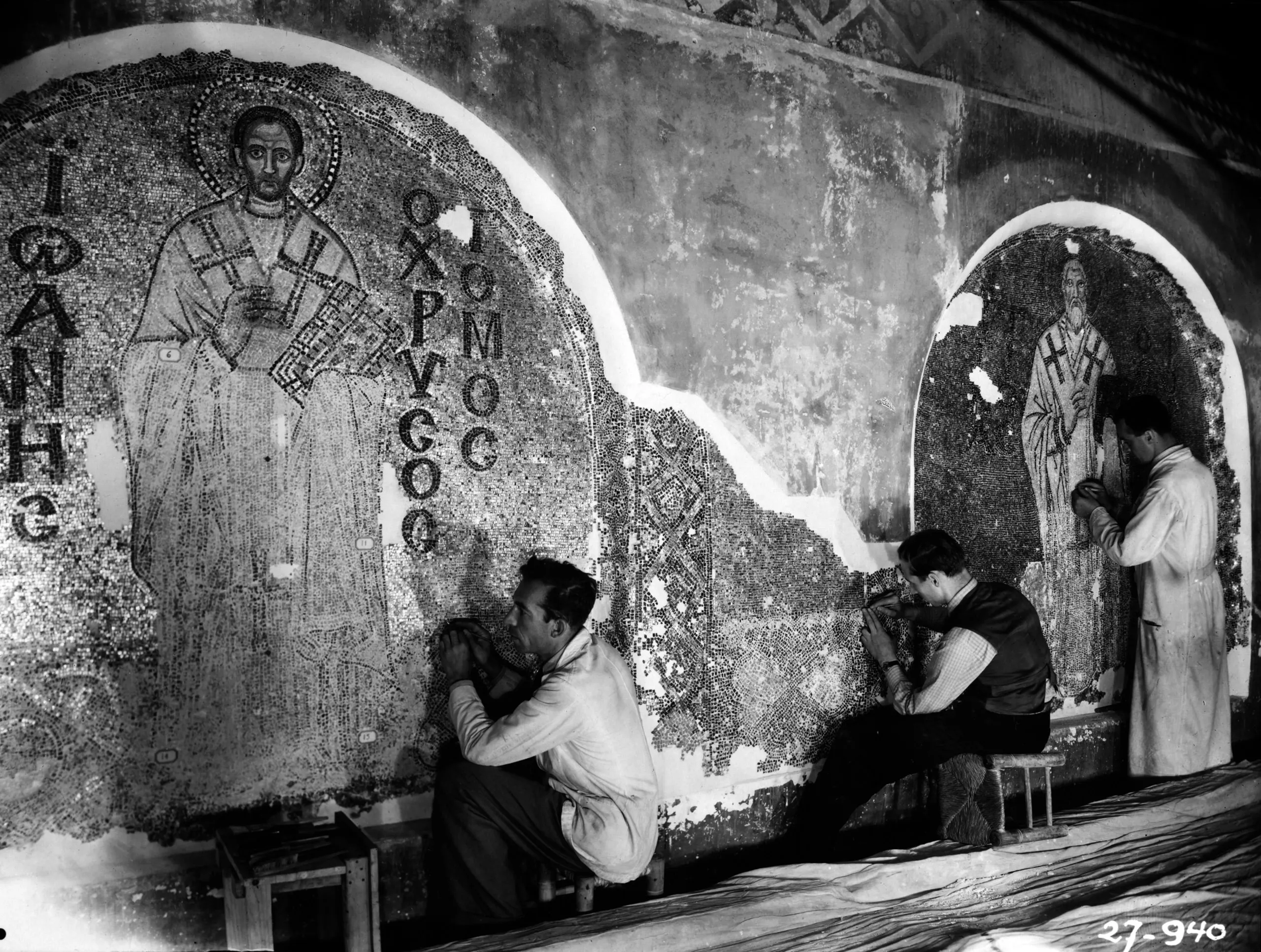 Uncovering of a mosaic at the Hagia Sofia