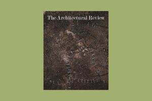 the cover of The Architectural Review February 2024 issue with theme 'repair'. The cover shows cracks in brown earthy ground stapled over to represent repair, and is featured over a green background