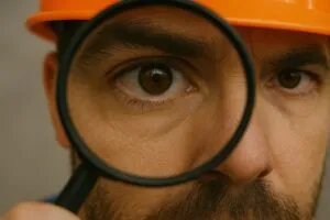 Close up image of builder and magnifying glass