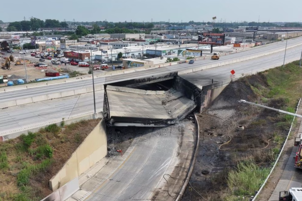United States interstate overpass collapses following intense fuel fire